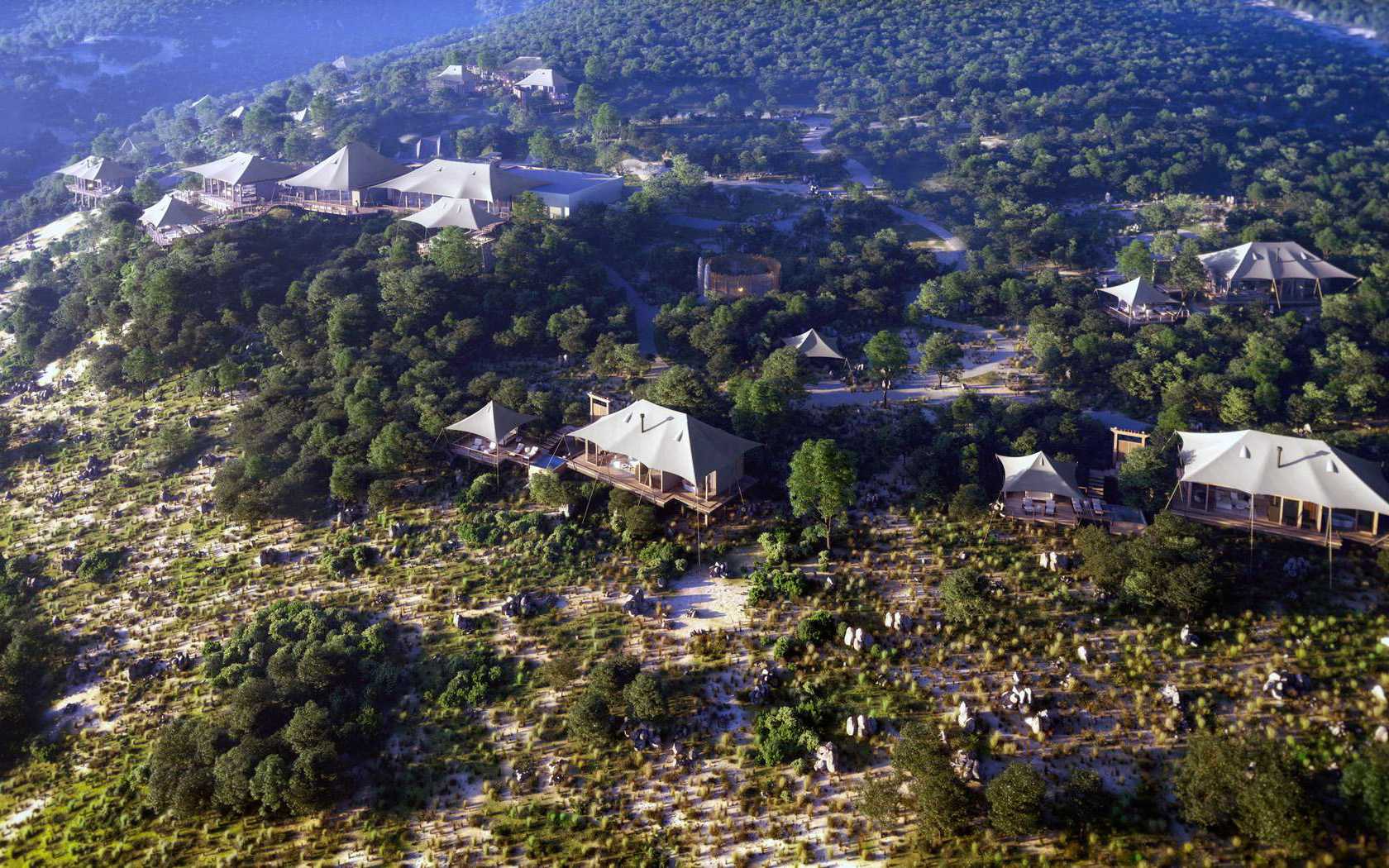 Aerial render of tented bush camp