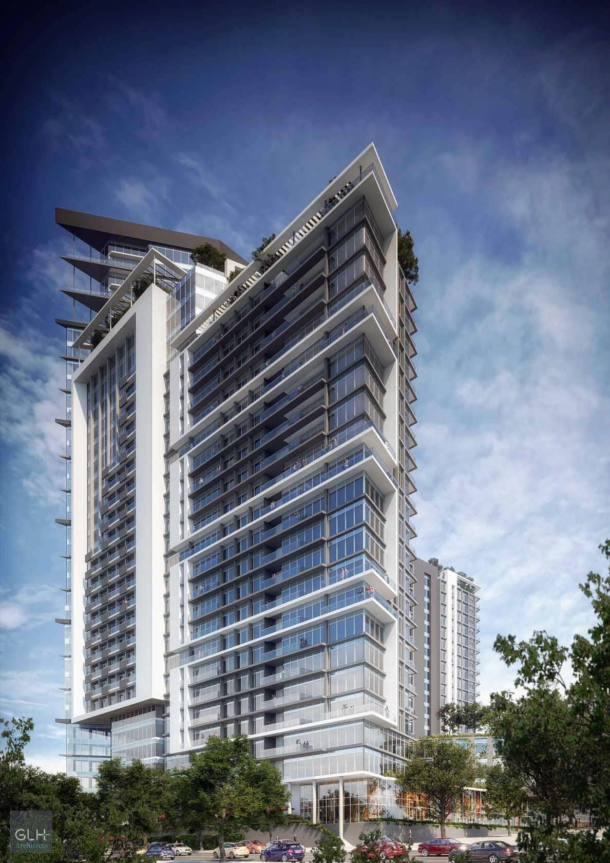 Exterior render of mixed use housing high rise