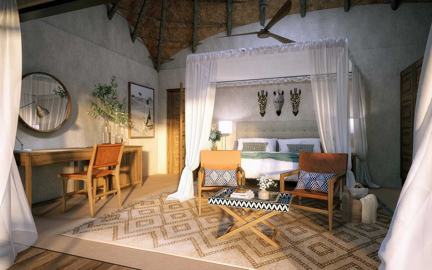 Interior render of game lodge bedroom